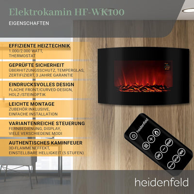 Heidenfeld Elektrokamin HF-WK100 - 𝟯 𝐉𝐀𝐇𝐑𝐄 𝐆𝐀𝐑𝐀𝐍𝐓𝐈𝐄 - 2000 Watt - Fernbedienung - Thermostat - Kipps