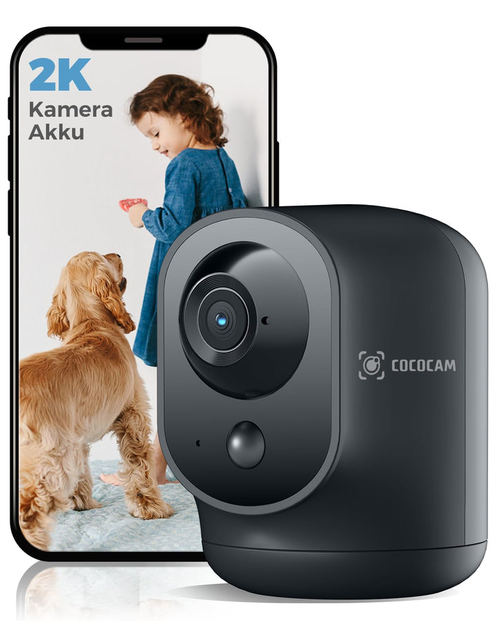 COCOCAM 2K Überwachungskamera Innen WLAN mit 5200mAh Akku, kabelloser 355°P 90°T, Baby Monitor Haust
