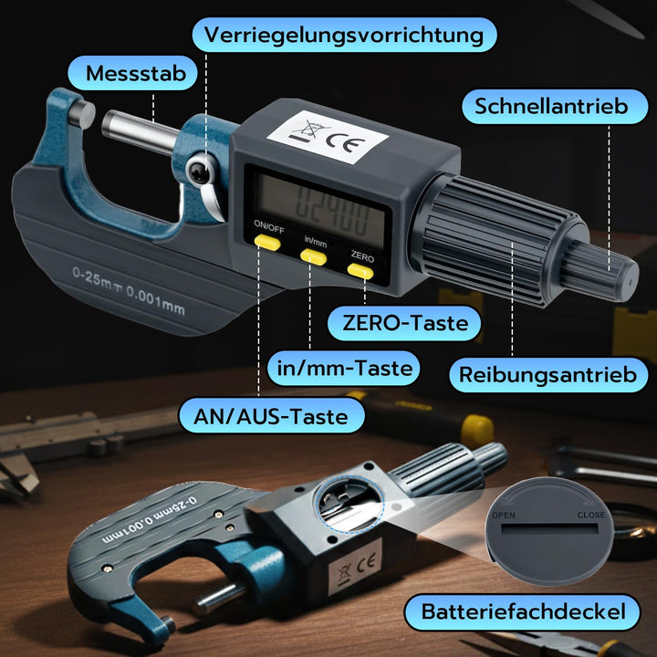 Digitales Mikrometer 0-25mm, LCD Bügelmessschraube Elektronische Aussendurchmesser Messschraube mit
