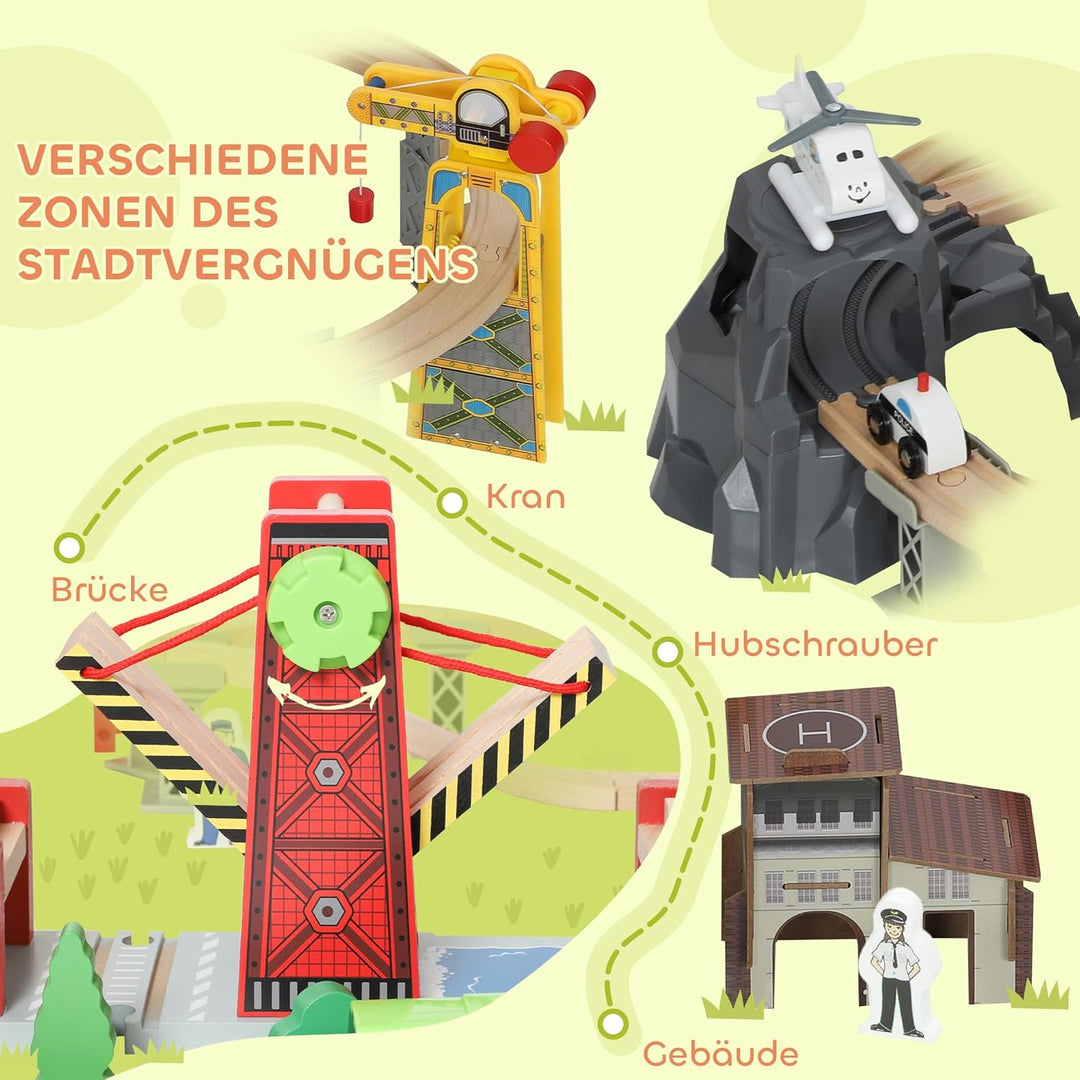 AIYAPLAY Holzeisenbahn Set 100 Stück Eisenbahn Set mit Elektrische Lok Zügen Grundplatte, Schienen K