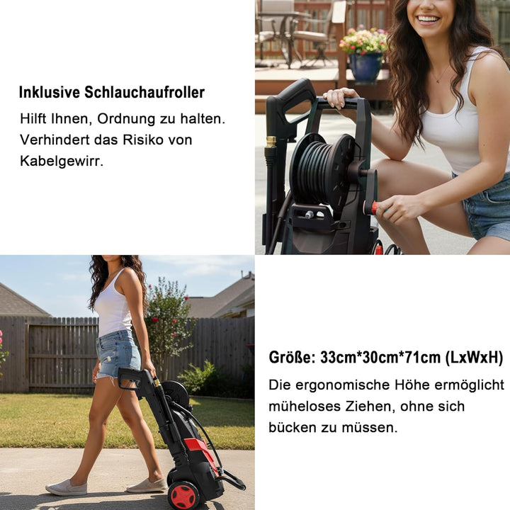 LANCHEZ Hochdruckreiniger 145 bar max Druck, Fördermenge 420 l/h, Inkl. Schlauchtrommel, 4 Schnellan