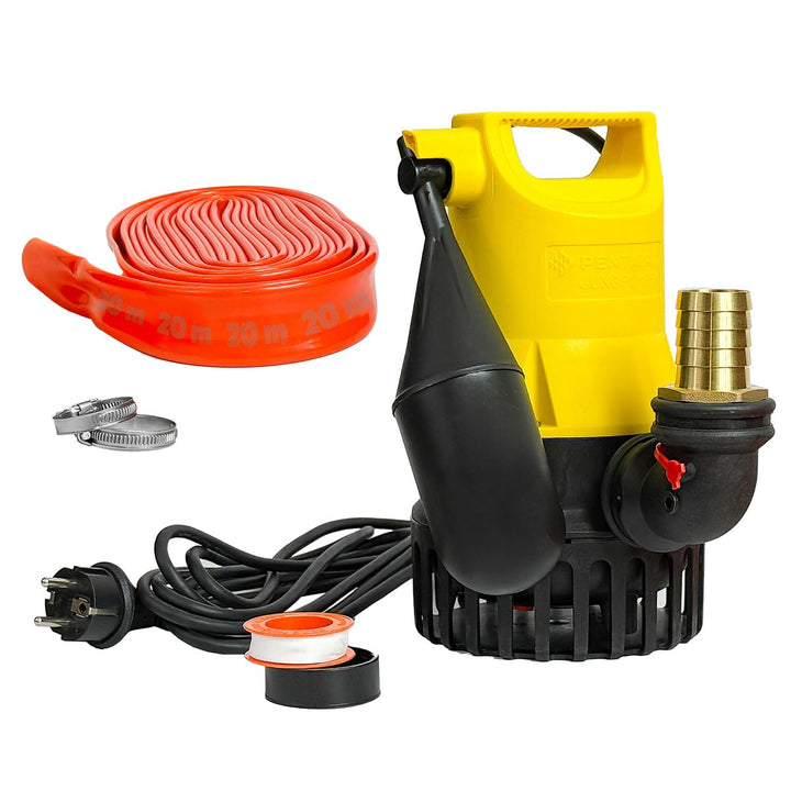 Jung Pumpen JP09387 U5KS Set – Jung U 5 KS Schmutzwasserpumpe mit 20 m Schlauch, DN 32 Anschluss, Ta