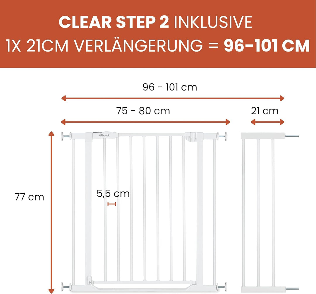 Hauck Treppenschutzgitter Türschutzgitter Clear Step 2 inkl. 21 cm Verlängerung für Breiten 96-101 c
