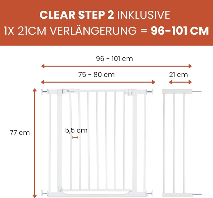 Hauck Treppenschutzgitter Türschutzgitter Clear Step 2 inkl. 21 cm Verlängerung für Breiten 96-101 c