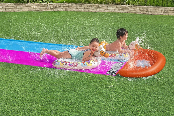 Bestway H2OGO!™ 2er-Wasserrutsche mit aufblasbaren Lama-Schwimmtieren, 487 x 138 cm