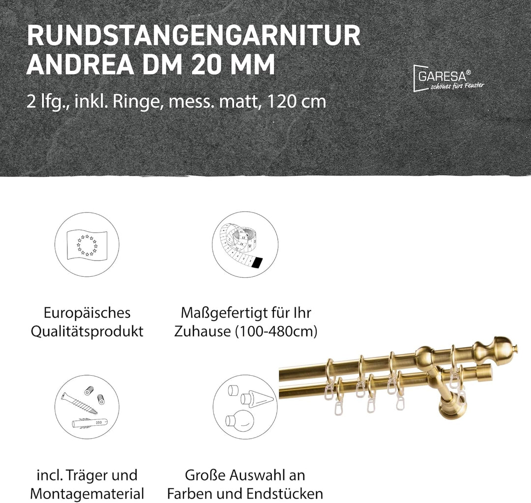 Garesa Gardinenstange Andrea Ø 20mm, 2-läufig, Messing, matt I Stabile Vorhangstange inkl. Ringe + F