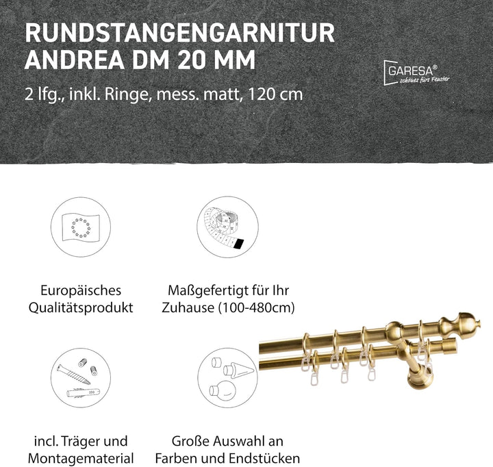 Garesa Gardinenstange Andrea Ø 20mm, 2-läufig, Messing, matt I Stabile Vorhangstange inkl. Ringe + F