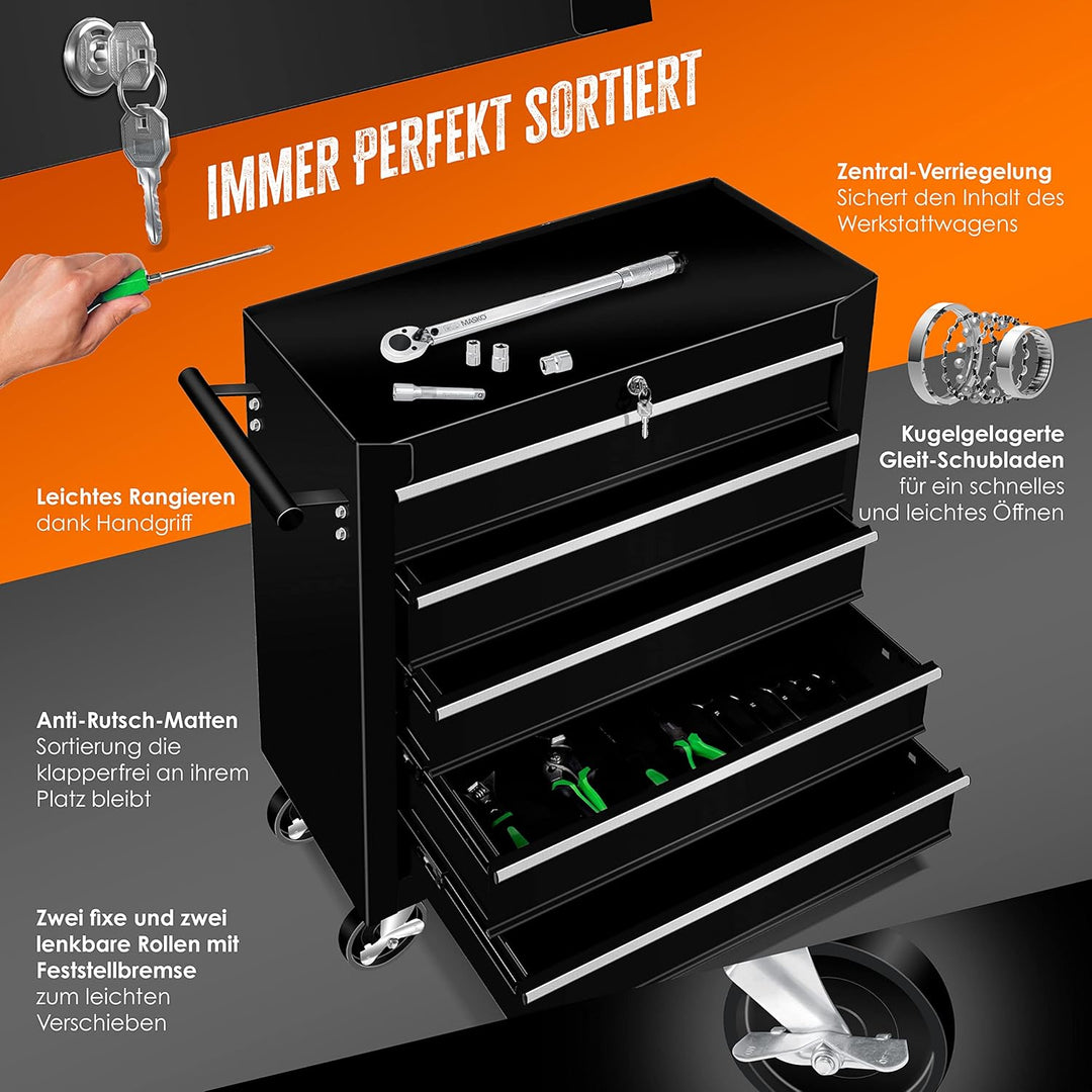 Masko® Werkstattwagen - 5 Schubladen, schwarz ✓ Abschliessbar ✓ Massives Metall | Mobiler Werkzeug-W