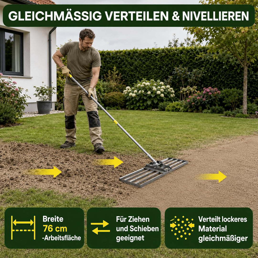 Rasenrakel 213 cm, 76 x 25 cm Rasen-Nivelliergerät aus Edelstahl, Ergonomischer Rasen-Nivellierreche