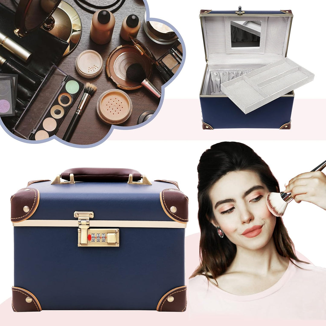 urecity Vintage Leder Kosmetikkoffer mit Spiegel - Hartschale Schminkkoffer für Damen, Reise Make-up