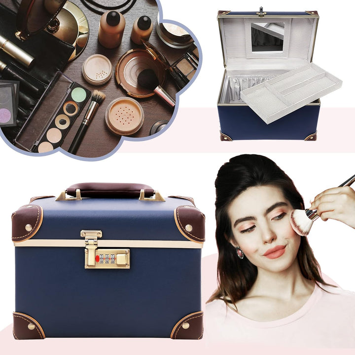 urecity Vintage Leder Kosmetikkoffer mit Spiegel - Hartschale Schminkkoffer für Damen, Reise Make-up