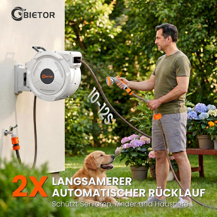 Schlauchtrommel Wasser 45m + 2m, 180° Schwenkbar Wand-Schlauchbox, Automatischer Gartenschlauch trom