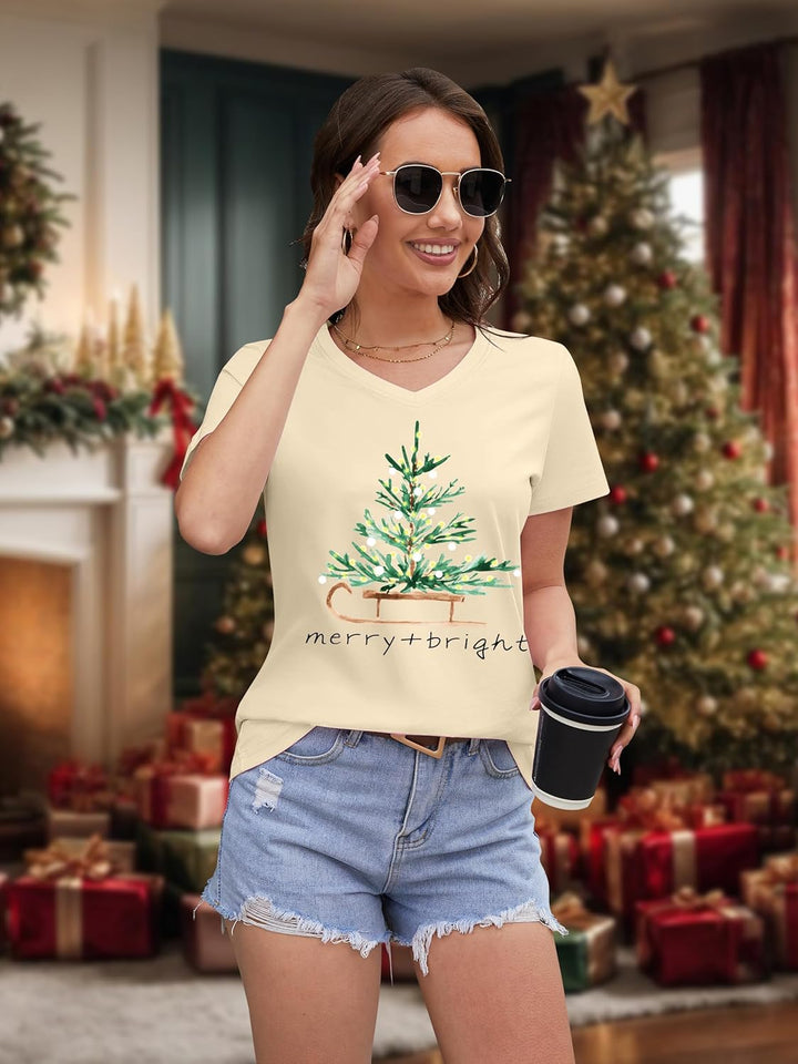 hohololo Weihnachts Tshirt Damen Christmas Shirt Merry Christmas V-Ausschnitt-T-Shirt, S