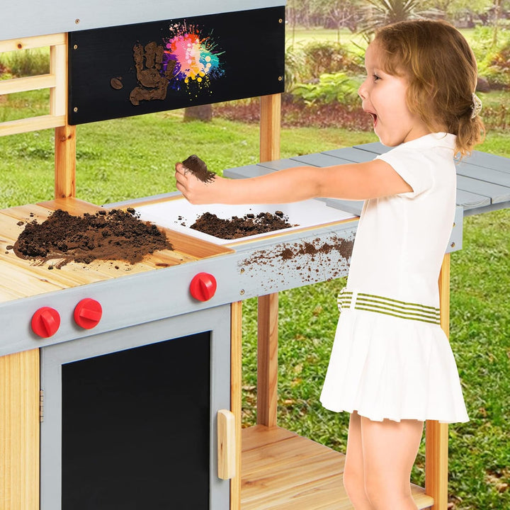 GOPLUS Kinderküche aus Massivholz, Stabile Matschküche mit Wasserbecken & Kreidetafel, Küche Spielse