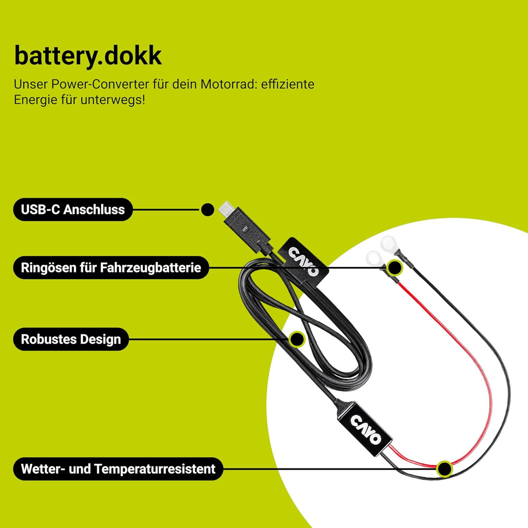 CAYO battery.dokk – Motorrad Power-Converter mit direktem Batterieanschluss | Automatische Tiefenent