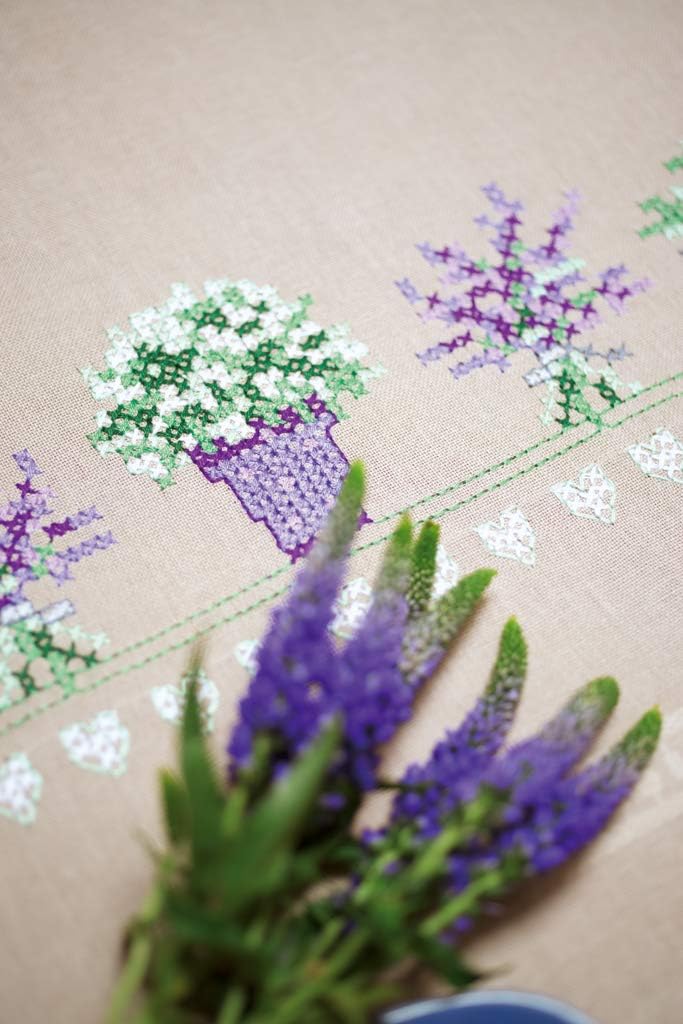 Vervaco Tischdecke Lavendel, Stickbild vorgezeichnet Bedruckte Decke mit Webrand, Baumwolle, Mehrfar
