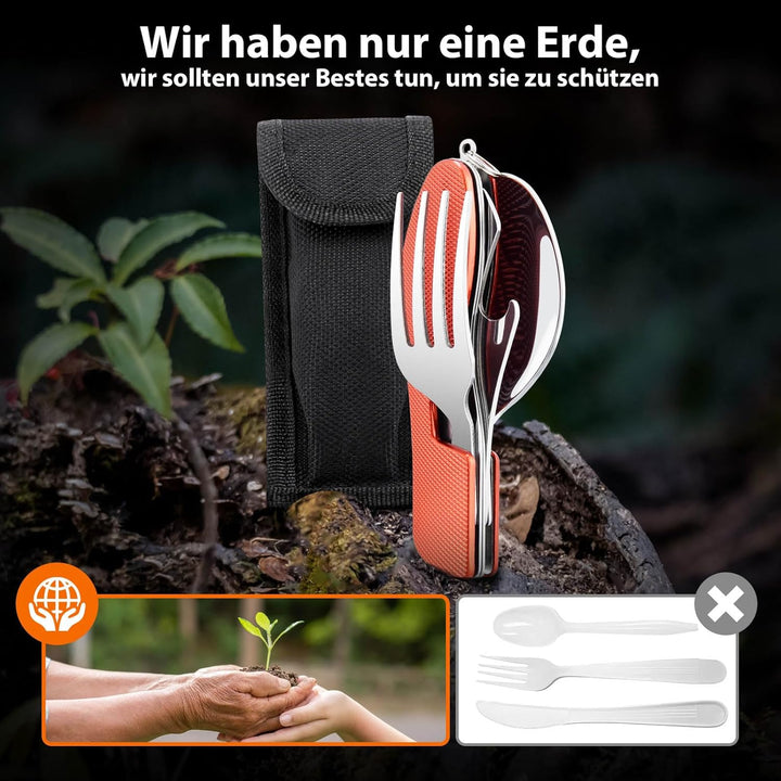 HIKENTURE® Outdoor Campingbesteck Set - Klappbesteck Outdoor Besteck aus Edelstahl mit Gürteltasche