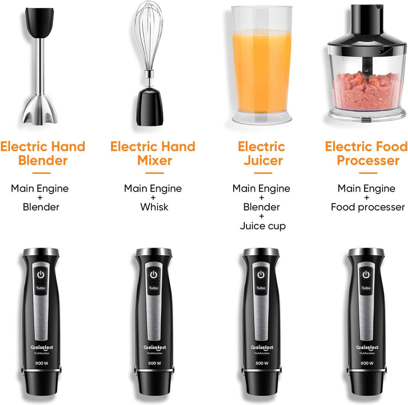 Coziselect Elektrische Stabmixer Set 4 in 1, 800 Watt Edelstahl Multifunktions Stabmixer, Elektrisch