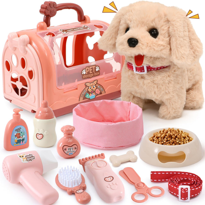 G.C Hund Spielzeug Kinder Elektrischer Plüsch Hund der Läuft und Bellt mit Leine Hundekäfig Kuschelt