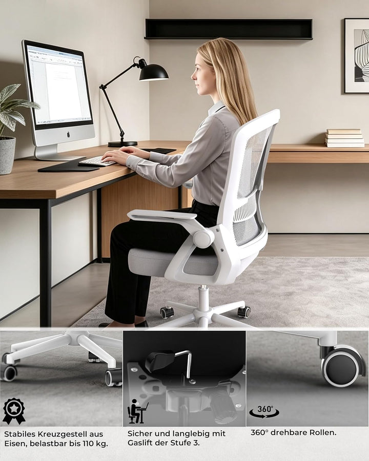 rattantree Schreibtischstuhl Ergonomischer Grau für Zuhause Büro | Bürostuhl mit Verstellbaren Armle