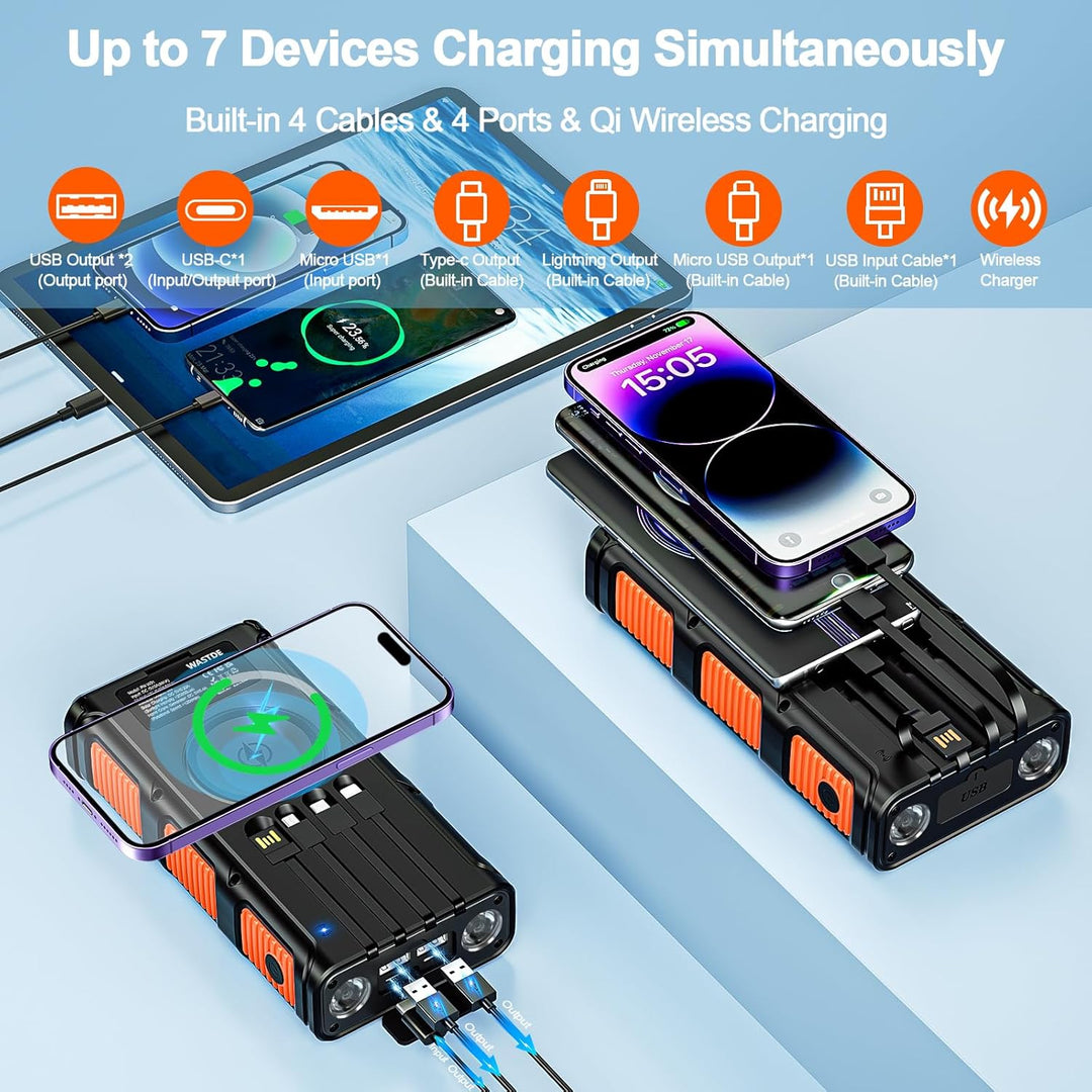 Wireless Solar Powerbank 26800mAh mit Handkurbel & 4 Kabeln, USB-C 15W Schnellladung Externer Akku 7