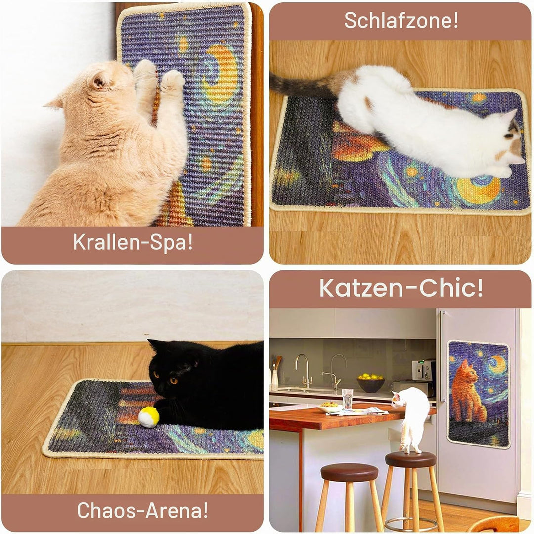SOLDAY Sisal Kunst Kratzmatte Katze 56x33cm Wand &amp; Couch Schutz, Starry Cat | Natürliche Sisalmatte