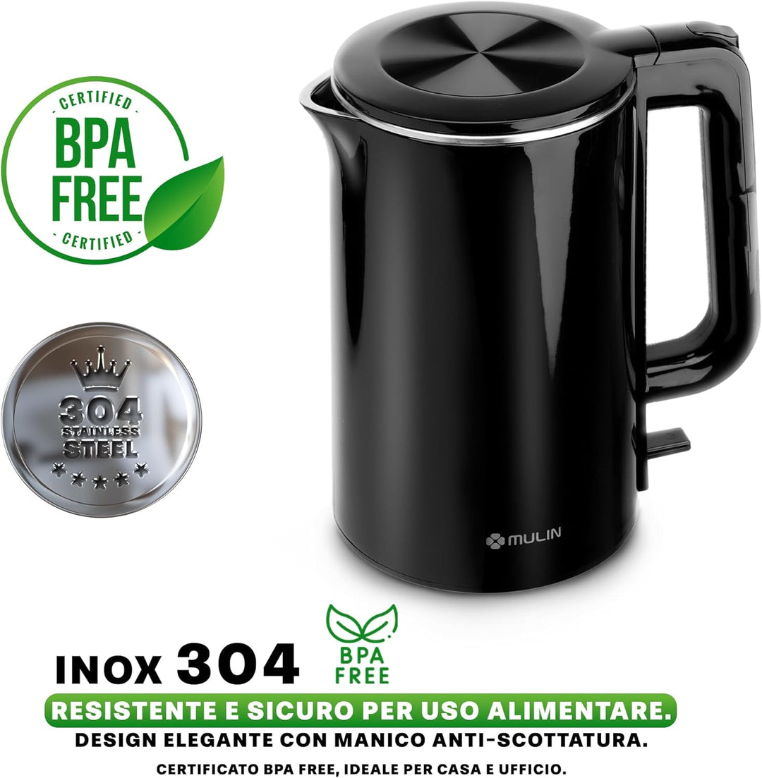 MULIN Elektrischer Wasserkocher, 2200 W, Kapazität 1,7 l, schnelles Kochen, 360 ° drehbarer Sockel,