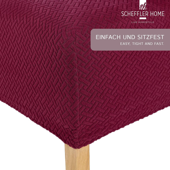SCHEFFLER-Home Stuhlhussen Stretch Luna-Lang/Stuhlüberzug 4er Set Rot/elastische Flanell Stuhlabdeck
