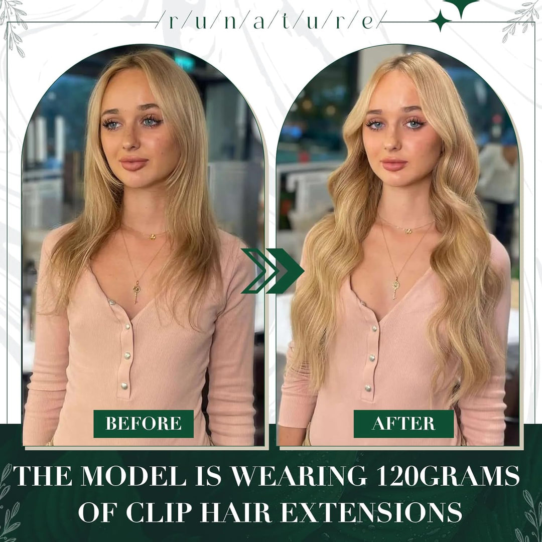 RUNATURE Clip in Extensions Echthaar Blond Extensions Clip in Echthaar 45cm Goldblond mit Hellblond