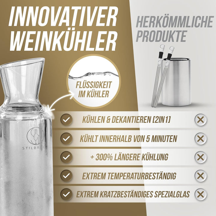 Stilbruch® Weinkühler Weinkaraffe Glaskaraffe - perfekte Temperatur in 5 Min., Weindekanter handgefe