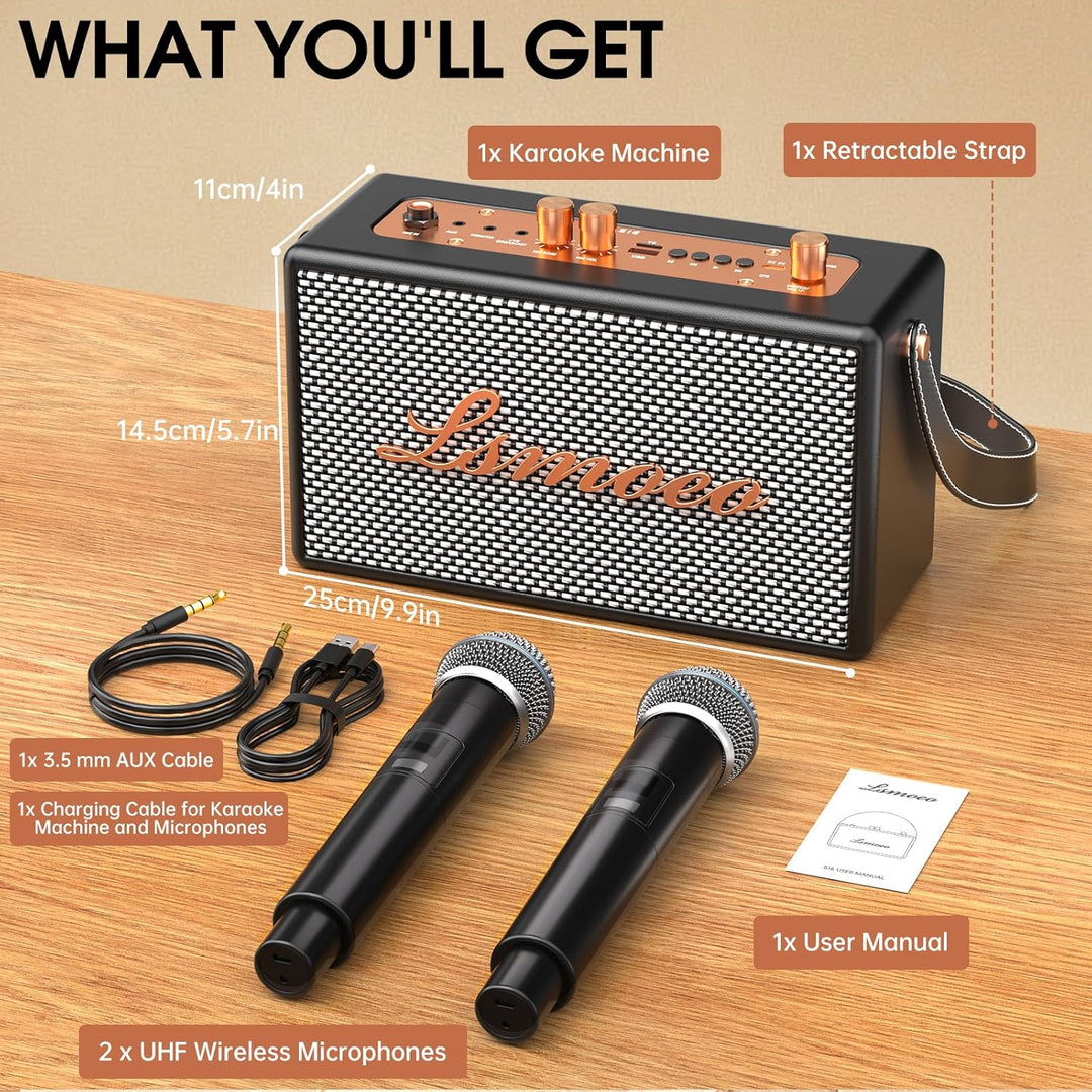 Tragbare Karaoke Maschine Anlage mit 2 Drahtlosen Mikrofonen für Erwachsene & Kinder Bluetooth Lauts