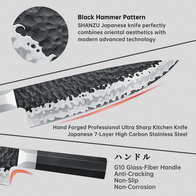SHAN ZU Japanisches Messerset 7 teilig, Kochmesser Küchenmesser Set mit Block, 7 Schichten 9Cr18MoV-