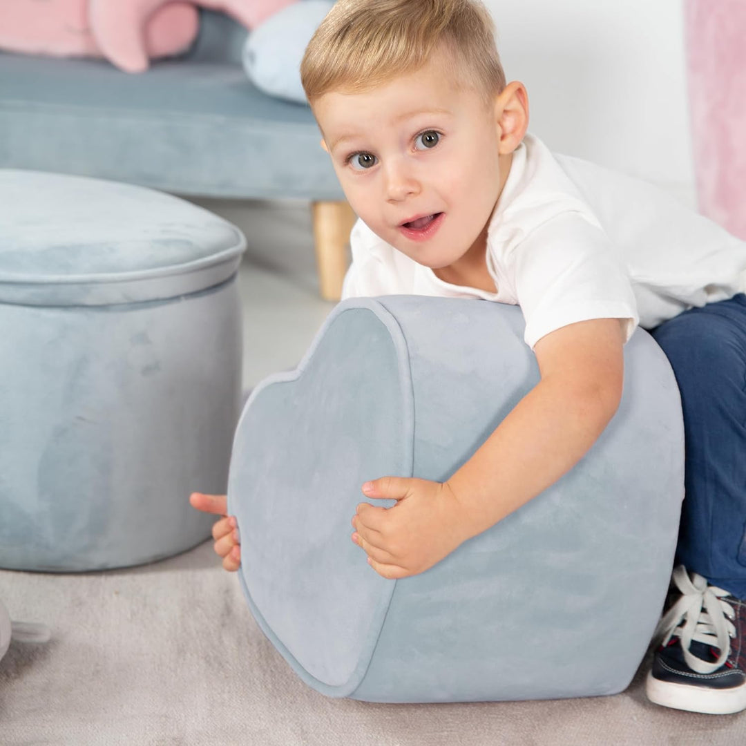 roba Kinderhocker Lil Sofa in Herzform - Bequemer Hocker in blauem Samtstoff - Polstermöbel Pouf für