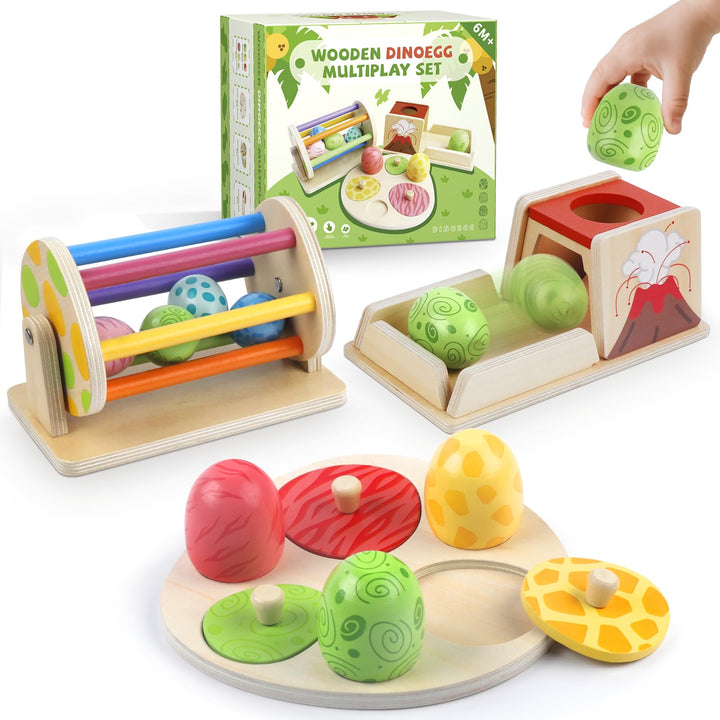 Montessori Holzspielzeug Baby Dinosaurier Ei Spielset ab 6 Monaten, Stapelt und Greifpuzzle, Spinnin