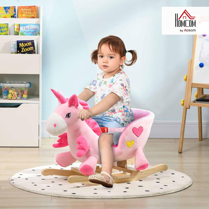 HOMCOM Schaukeltier Einhorn, Kinderschaukelstuhl mit Musik, Beckengurt, Fussstütze, Baby Schaukelstu
