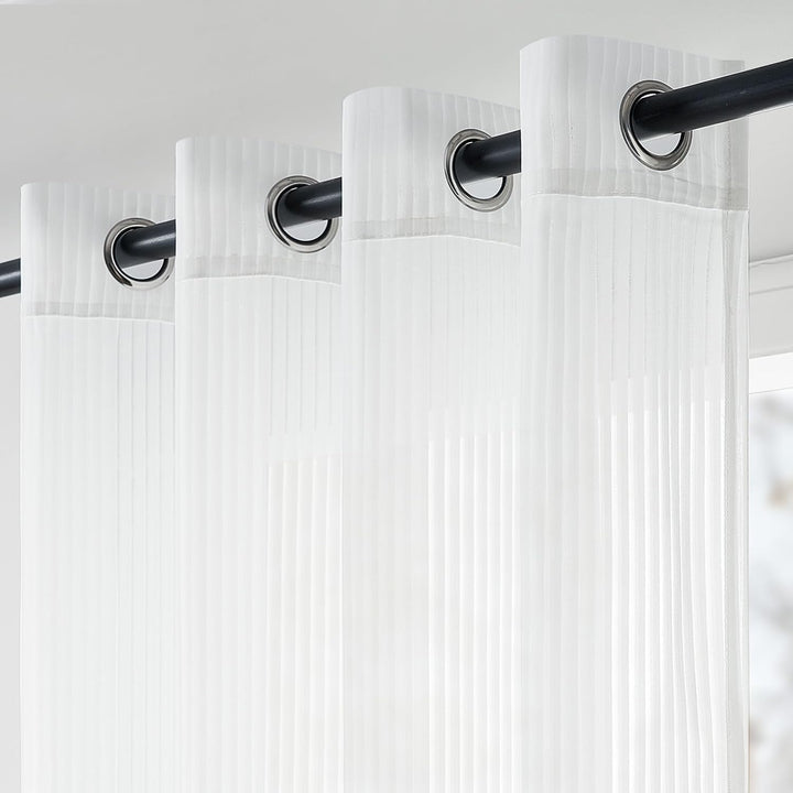 Topfinel Vorhänge Gestreifte Gardinen mit Ösen Weiss 140x145cm Vorhang Halbtransparent 2er Set Ösens