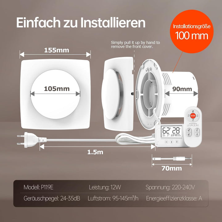 Abluftventilator mit Feuchtigkeitssensor & Temperatursensor, 3 Stufen, Fernbedienung, Timer & 24h-Mo