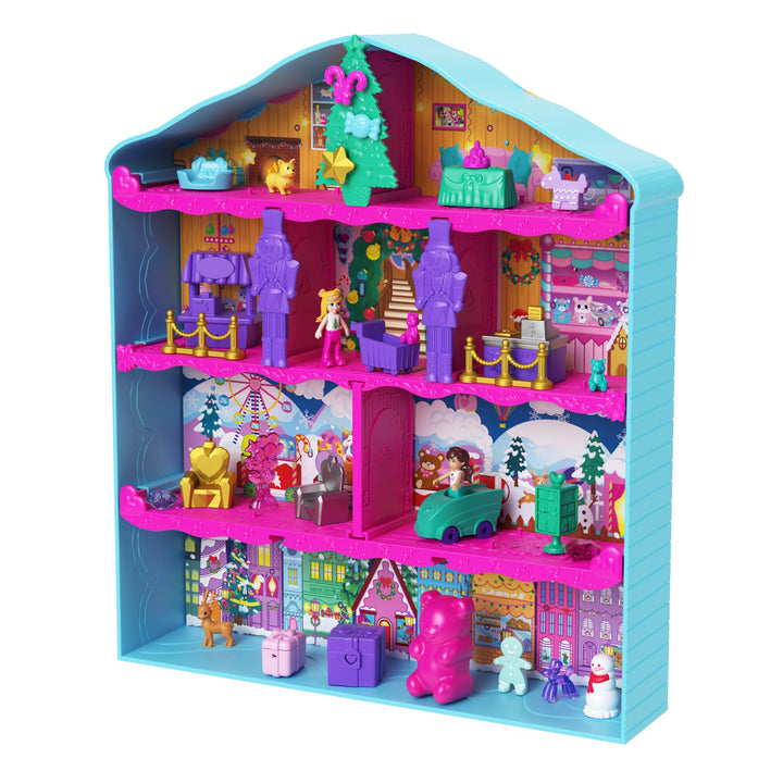 Polly Pocket - Adventskalender mit Puppen, Lebkuchenhaus-Spielset mit 24 Überraschungen, Puppenhausm