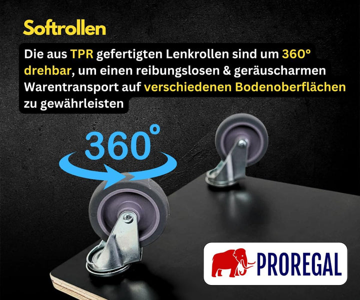 PROREGAL Profi Transportroller Hercules 30x60 cm Schwerlast bis 200 kg mit 4 Gummirollen & Griff, Si