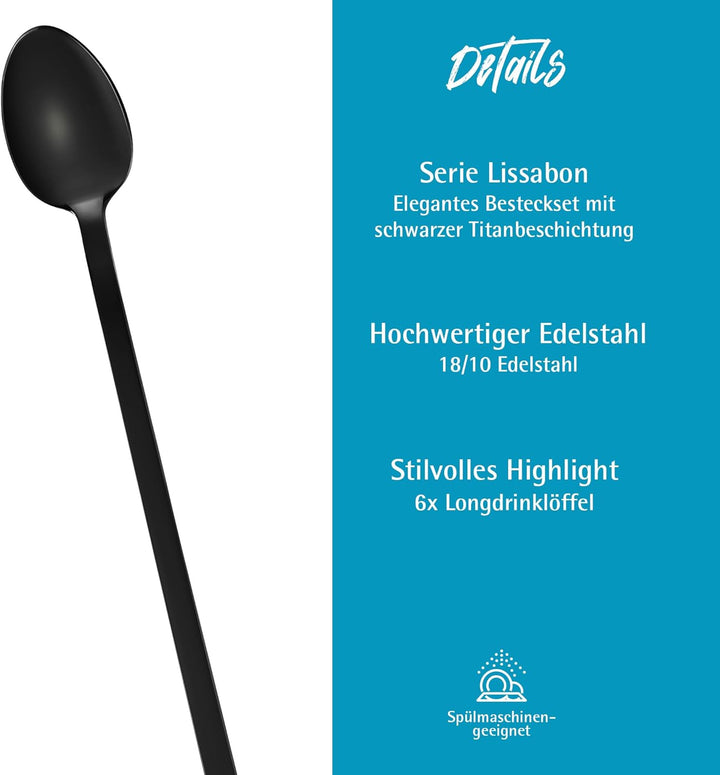 GRÄWE Latte Macchiato Löffel Set, Schwarz, 6-teilig, 19 cm, Lange Löffel, Cocktaillöffel, Dessertlöf