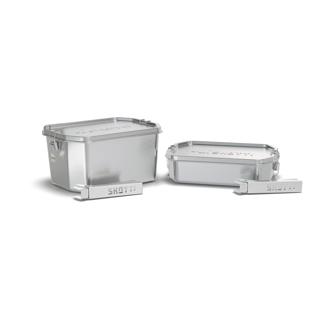 SKOTTI Boks Set 1,0L und 2,5L, Edelstahl, stapelbare und auslaufsichere Brotbox, auch als Topf oder