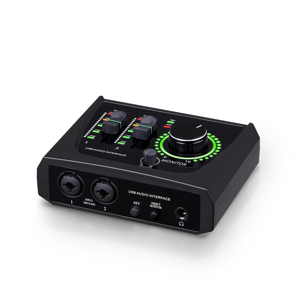 BOMGE Mini-2-Kanal-USB-Audio-Schnittstelle für Aufnahmen, Streaming und Podcasting, mit XLR/48 V Pha