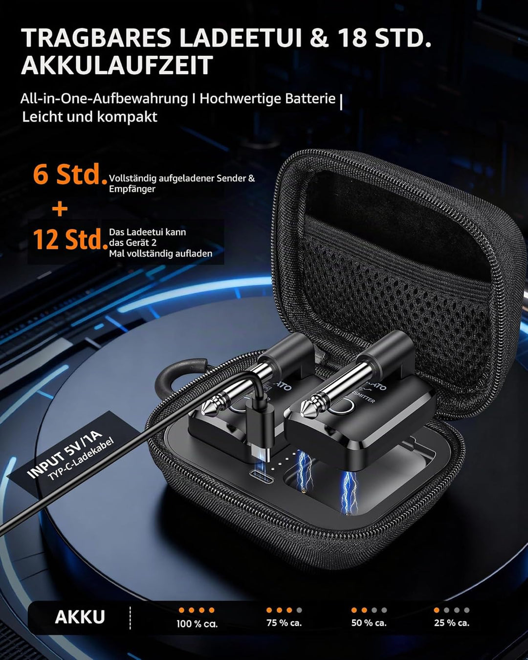 LEKATO Kabelloses Gitarrensystem mit Ladecase, Gitarren-Sender & Empfänger mit 18 Std. Spielzeit, wi