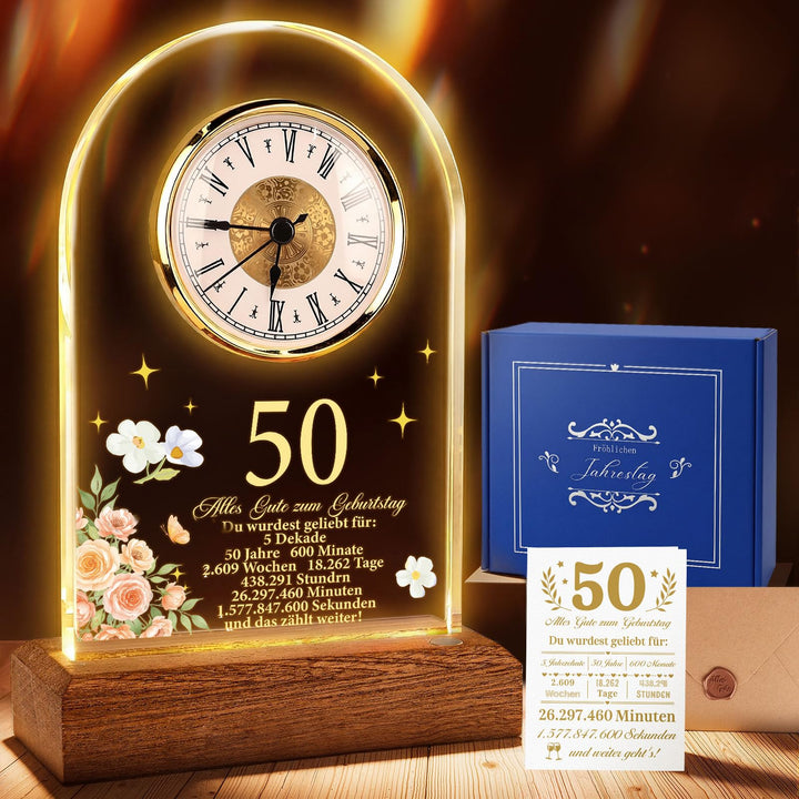 TUZELIYA 50. Geburtstag Geschenke, Quarzuhr Tischuhr, Persönliches Geburtstagsgeschenk mit Grusskart