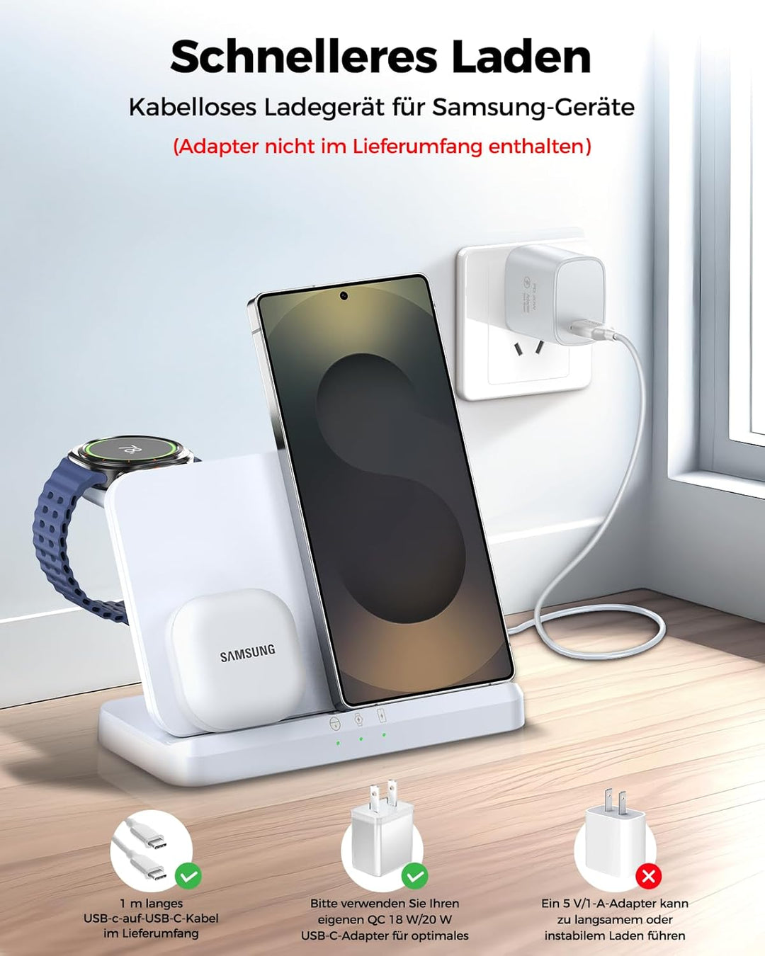EGV Induktive Ladestation für Samsung – 3-in-1 Wireless Charger kompatibel mit Galaxy S26 Ultra/S25/