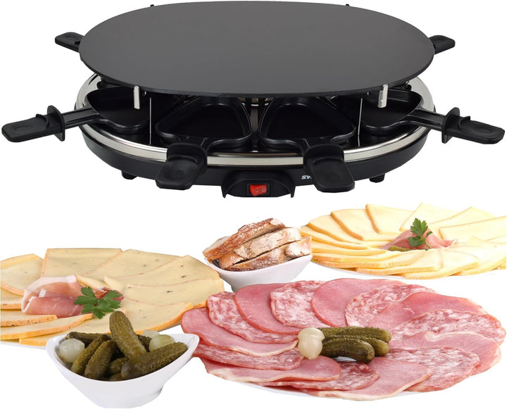 Syntrox Germany Raclette Grill Chur, 8 Personen, Glas-Keramik + heisser Stein, 3 Zusatzplatten, 8 Pf