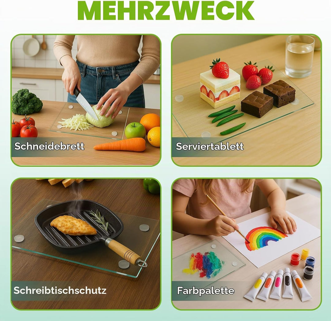 4 STÜCK Gehärtetes Glas Schneidebrett Küche, Transparentes mit Rutschfesten Füssen für Arbeitsplatte