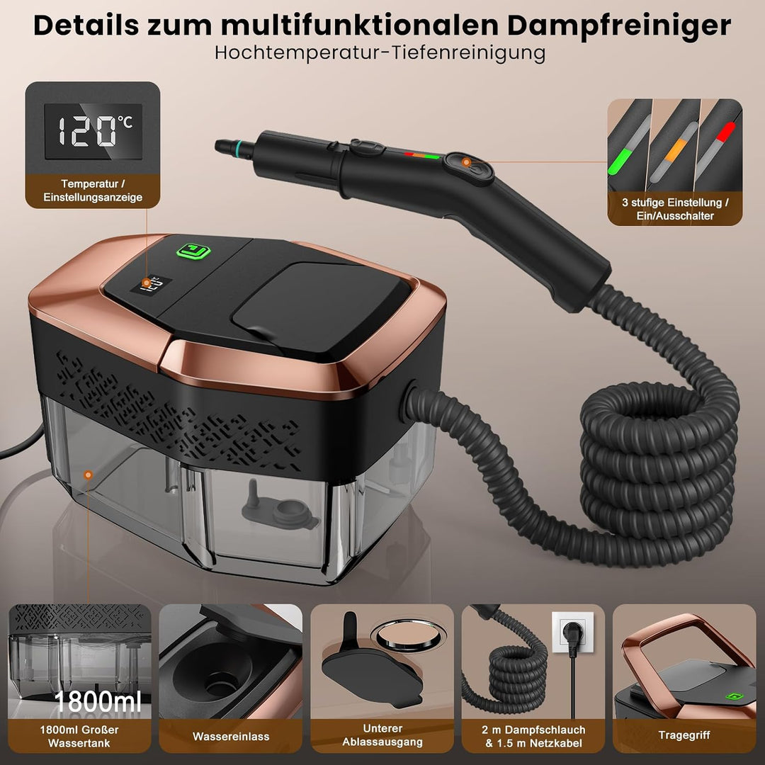 14 in 1 Dampfreiniger, 3 Stufig Einstellbarer Griff, Temperaturanzeige, 15 Sekunden Aufheizzeit, 1,8