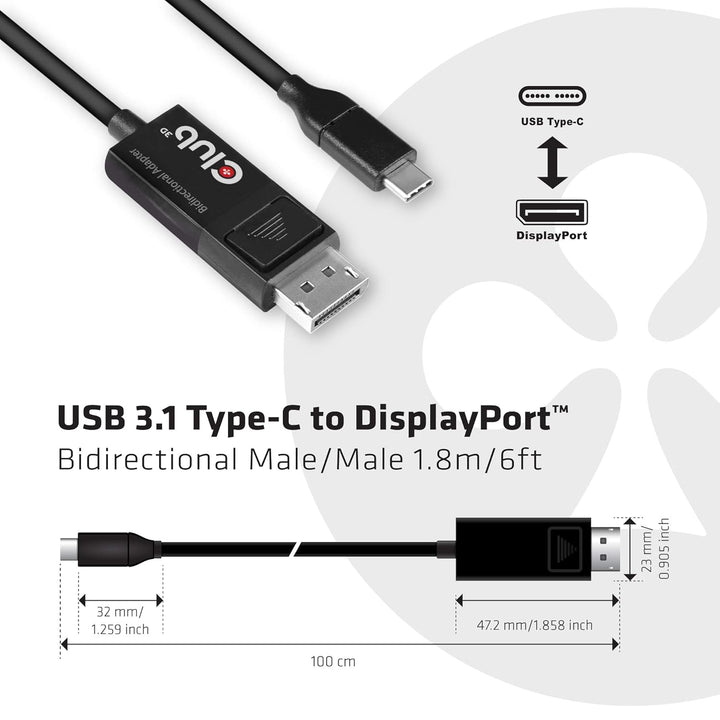 Club3D USB C auf DisplayPort Kabel 1.4 8K 60Hz, 4K 120Hz und Displayport auf USB C bidirektional, 1,