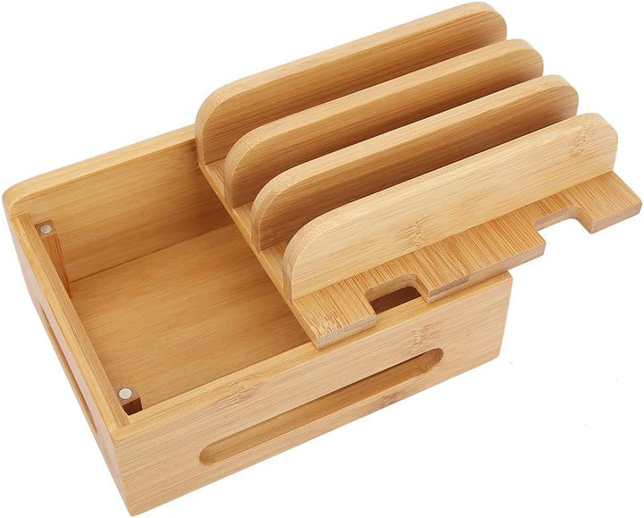 Fdit Bamboo Multi-Device Stand, Ladestation für mehrere Geräte, Ladestation Telefon Tablet Cord Orga